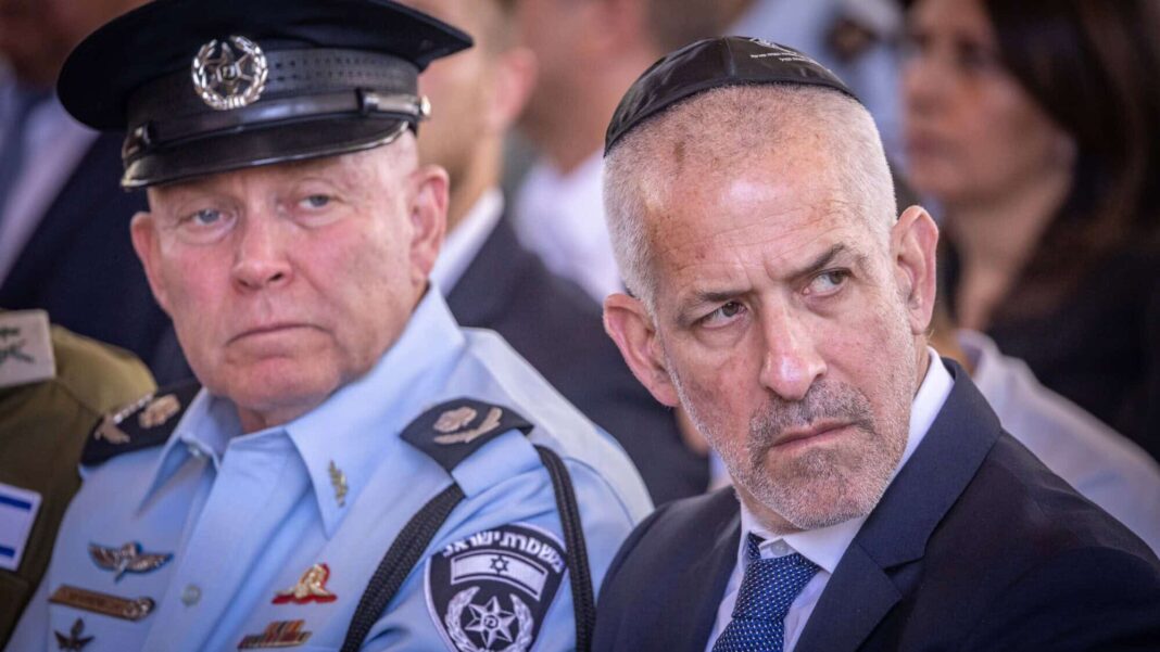 Shin Bet Director Ronen Bar (right) attends a state ceremony at the Mount Herzl Military Cemetery in Jerusalem marking the Hebrew calendar anniversary of last year's Hamas-led terrorist invasion, Oct. 27, 2024. Photo by Chaim Goldberg/Flash90.