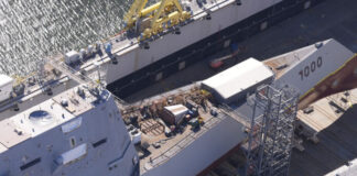 The USS Zumwalt is seen at the Huntington Ingalls shipyard in Pascagoula, Miss., Thursday, Nov. 21, 2024. (AP Photo/Gerald Herbert)