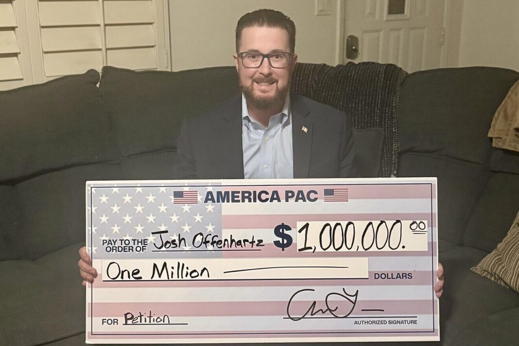 Joshua Offenhartz, a Jewish lawyer in Arizona, won $1 million from Elon Musk's America PAC in November 2024. Credit: Courtesy.