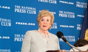 Linda McMahon, the 25th Administrator of the U.S. Small Business Administration, discusses the state of America’s small businesses at a National Press Club headliners luncheon, on May 17. Noel St. John/The National Press Club