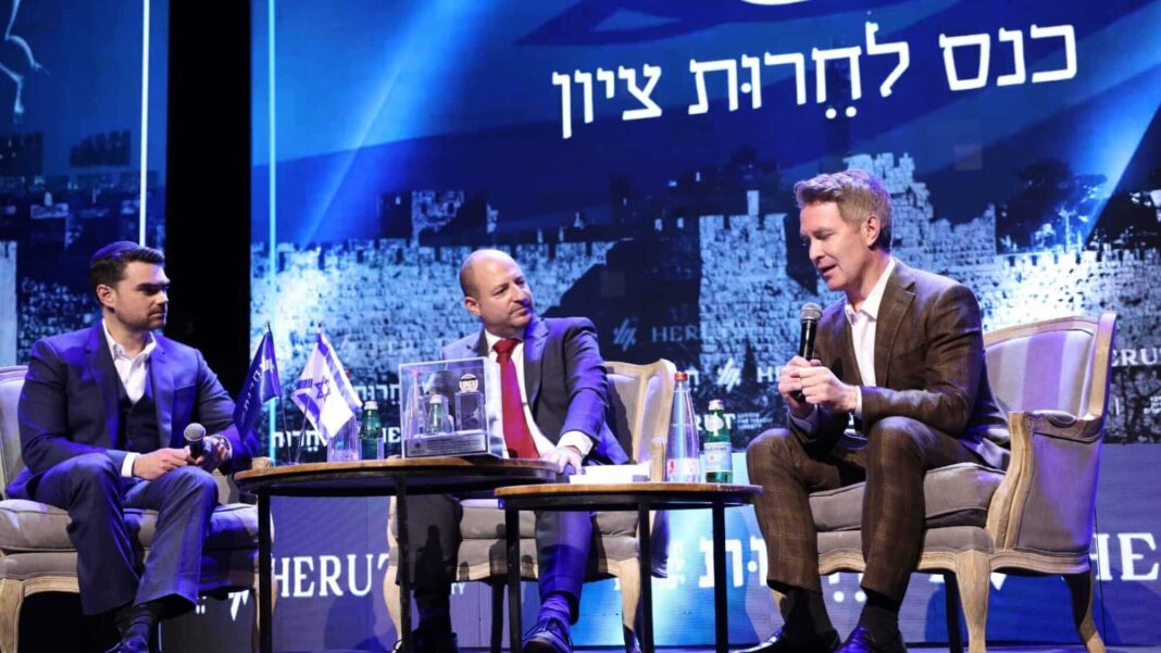 . to r. Ben Shapiro, Amiad Cohen, CEO of Herut Center for Israeli Liberty, and Douglas Murray at the Freedom of Zion Conference in Jerusalem, Nov. 19. 2024. Photo by Yaakov Nachumi/Herut Center.