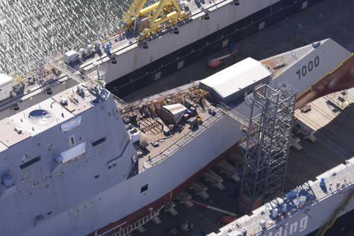 The USS Zumwalt is seen at the Huntington Ingalls shipyard in Pascagoula, Miss., Thursday, Nov. 21, 2024. (AP Photo/Gerald Herbert)