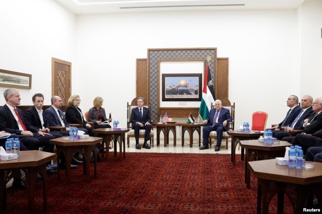 U.S. Secretary of State Antony Blinken meets with Palestinian President Mahmoud Abbas, at the Muqata in Ramallah in the Israeli-occupied West Bank, Nov. 5, 2023.