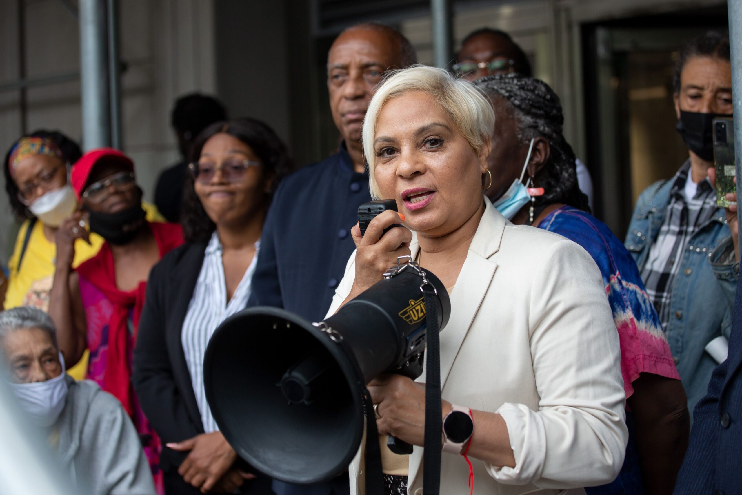 Assemblymember Maritza Davila (D-Brooklyn) spoke outside a Board of Elections office on Adams Street in support of Councilmember Charles Barron continuing to appoint poll workers, June 16, 2022.