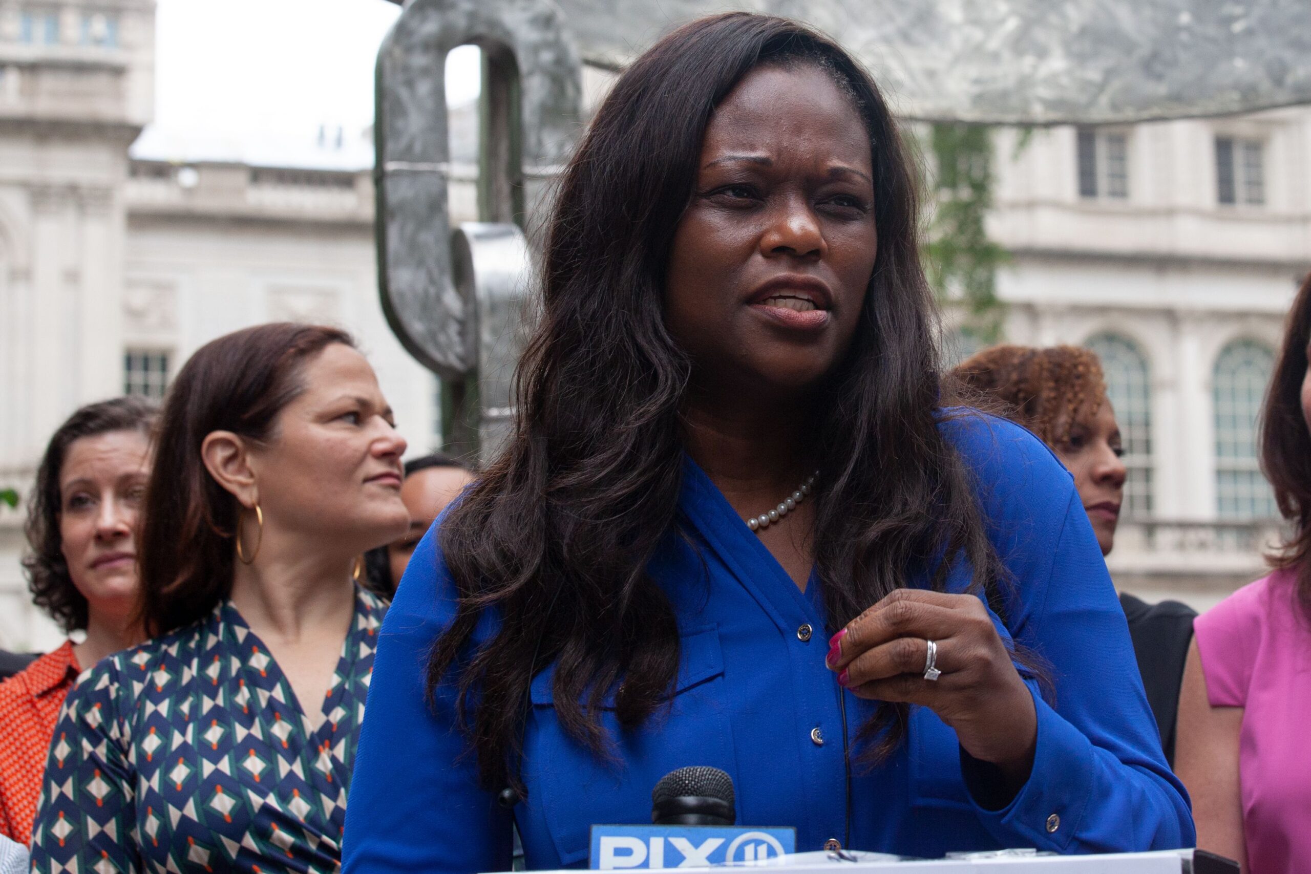State Assemblymember Rodneyse Bichotte Hermelyn speaks at a rally in City Hall Park supporting female candidates, July 13, 2021.