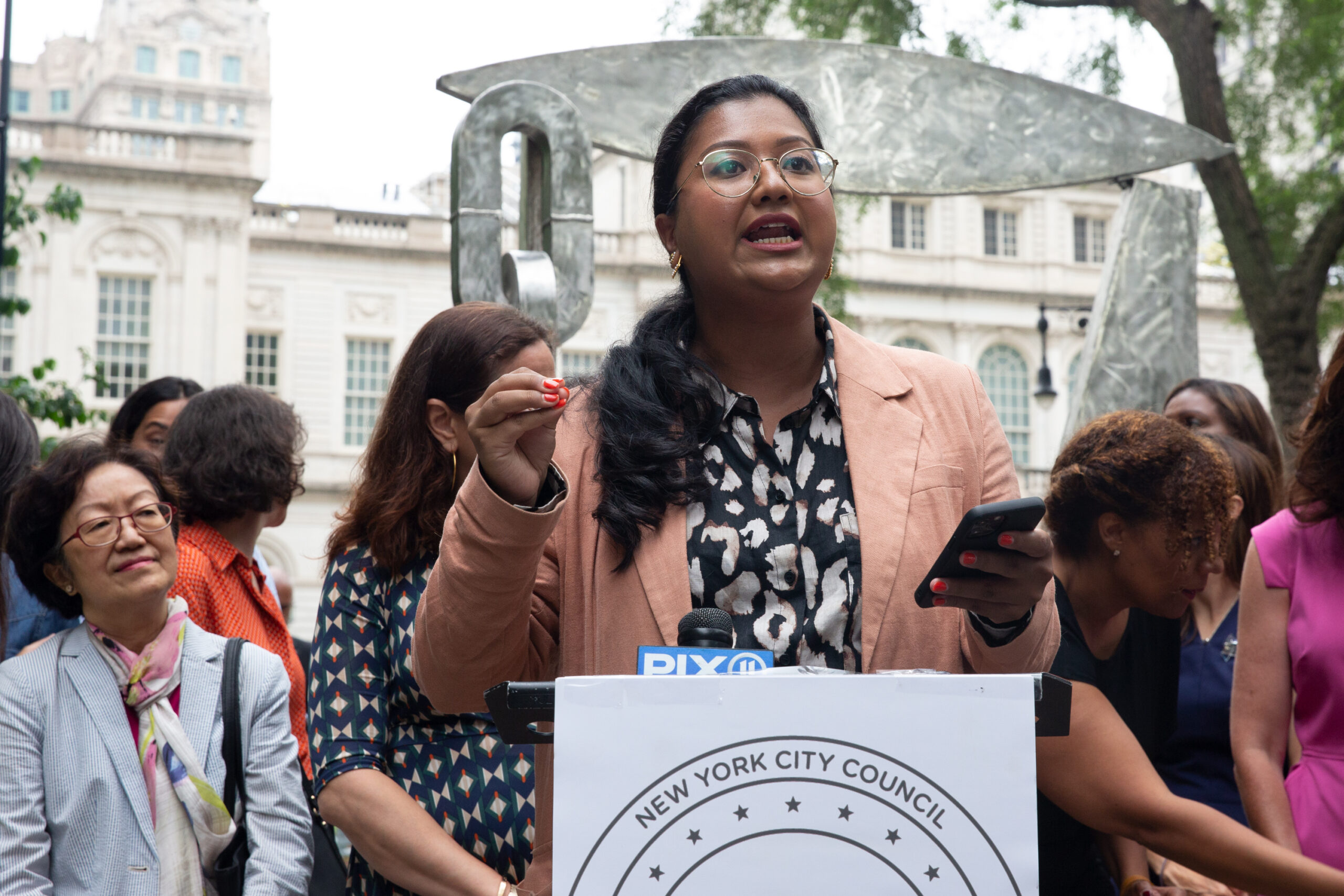 Brooklyn City Council Candidate Shahana Hanif speaks at a rally in City Hall Park supporting female candidates, July 13, 2021.