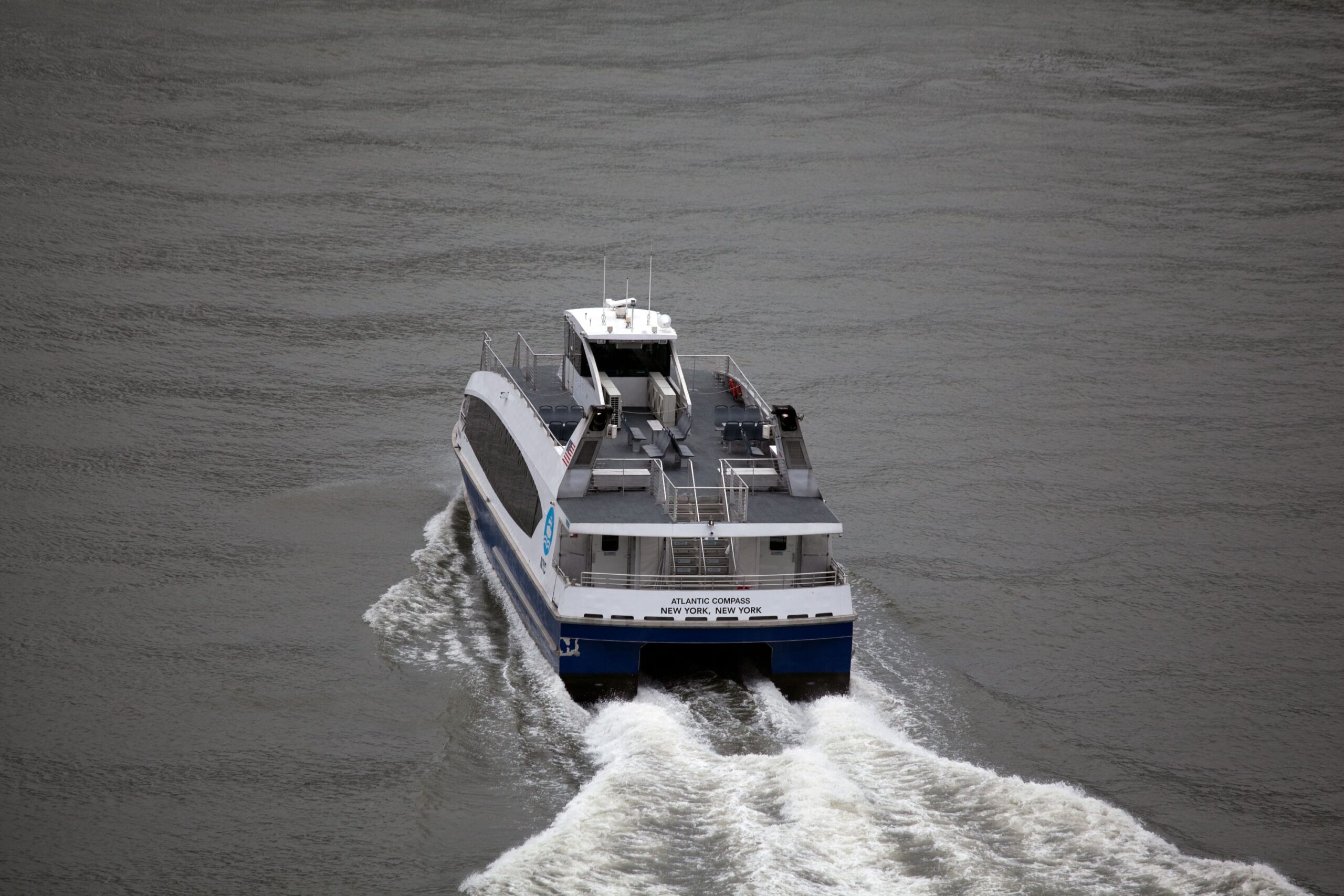An empty NYC Ferry travels down the East River during the coronavirus outbreak.