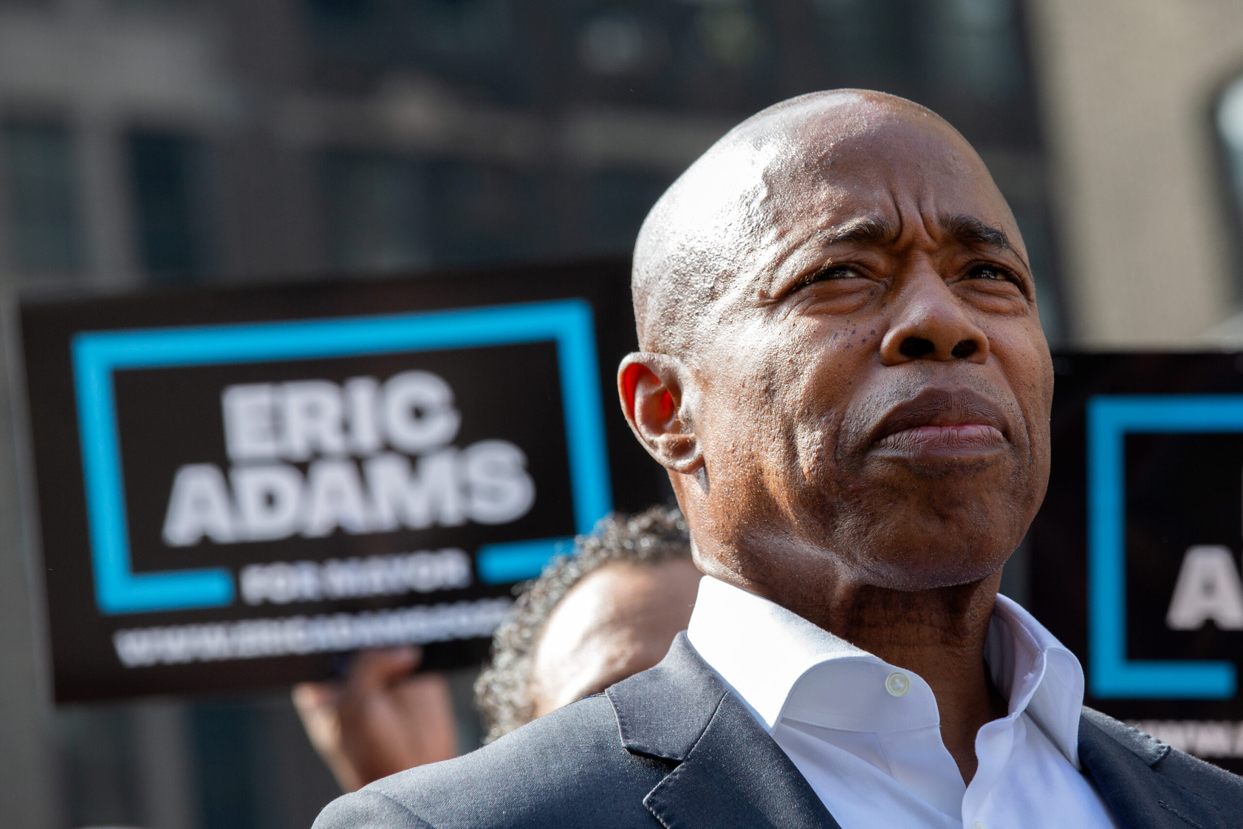 Brooklyn Borough President Eric Adams holds a mayoral campaign event at Cadman Plaza, Oct. 7, 2021.