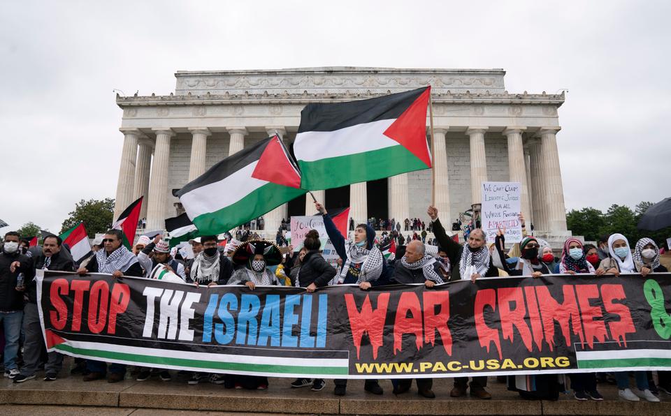 Supporters of the Palestinians rally during the National March for Palestine demonstration at Lincoln Memorial, in Washington, Saturday, May 29. 2021.