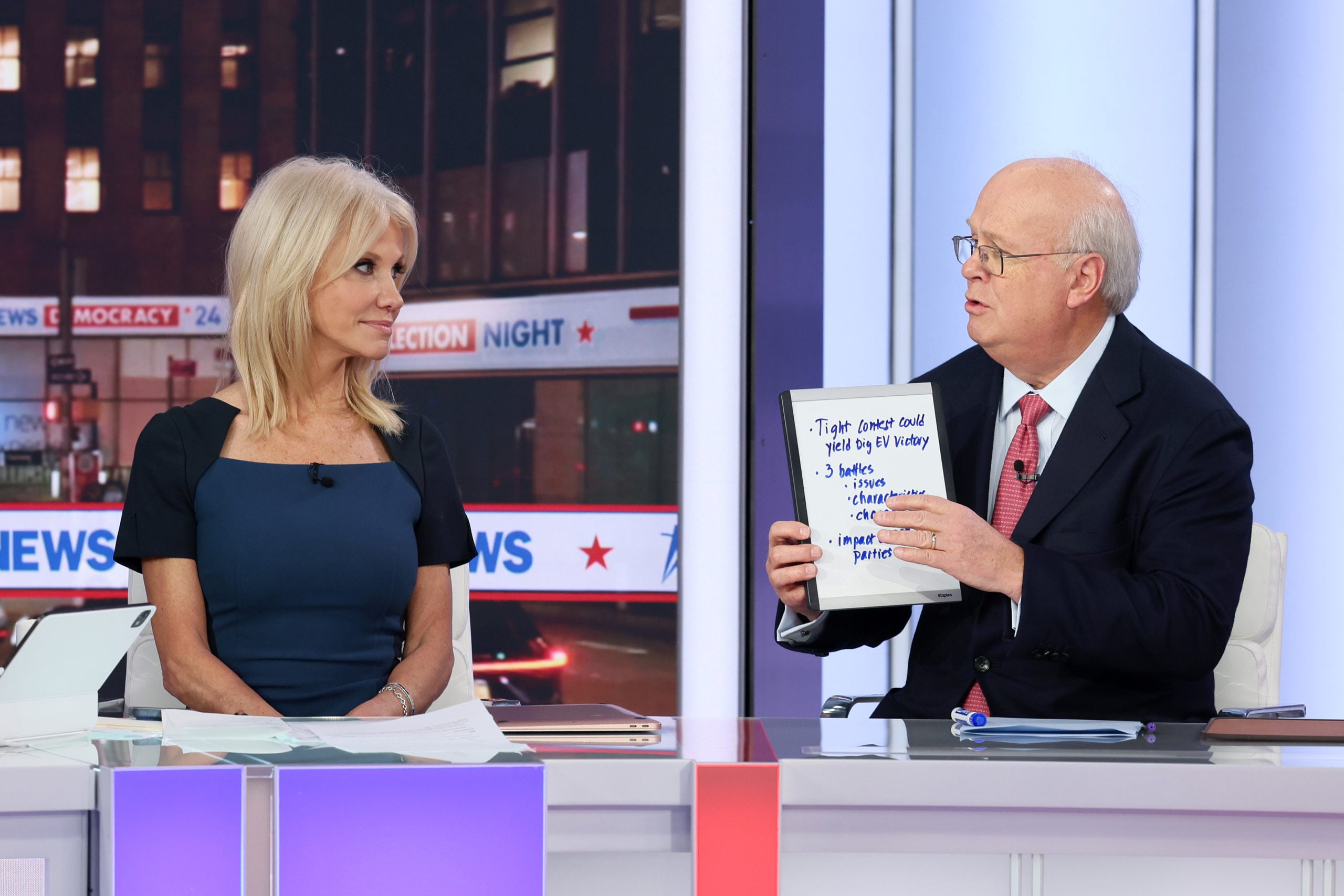 NEW YORK, NEW YORK - NOVEMBER 05: (L-R) Kellyanne Conway and Karl Rove speak during FOX News Channel’s