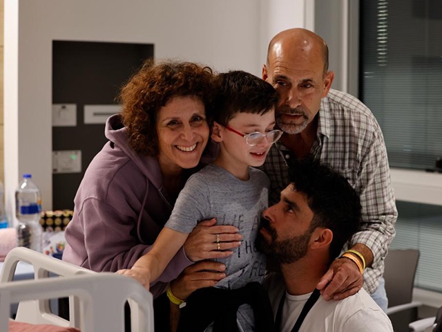 Ohad Monder, who turned 9 years old in captivity, is reunited with relatives after being held by the Palestinian terrorist organization Hamas for 49 days in Gaza. (Schneider Children’s Hospital)