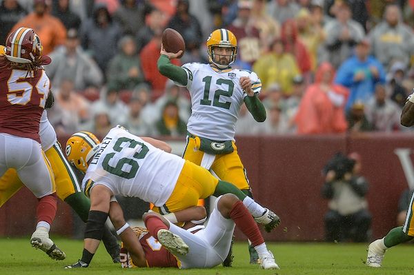 Green Bay Packers quarterback Aaron Rodgers vs. the Washington Redskins at Fedex Field Sept. 23, 2018 (Wikimedia Commons)