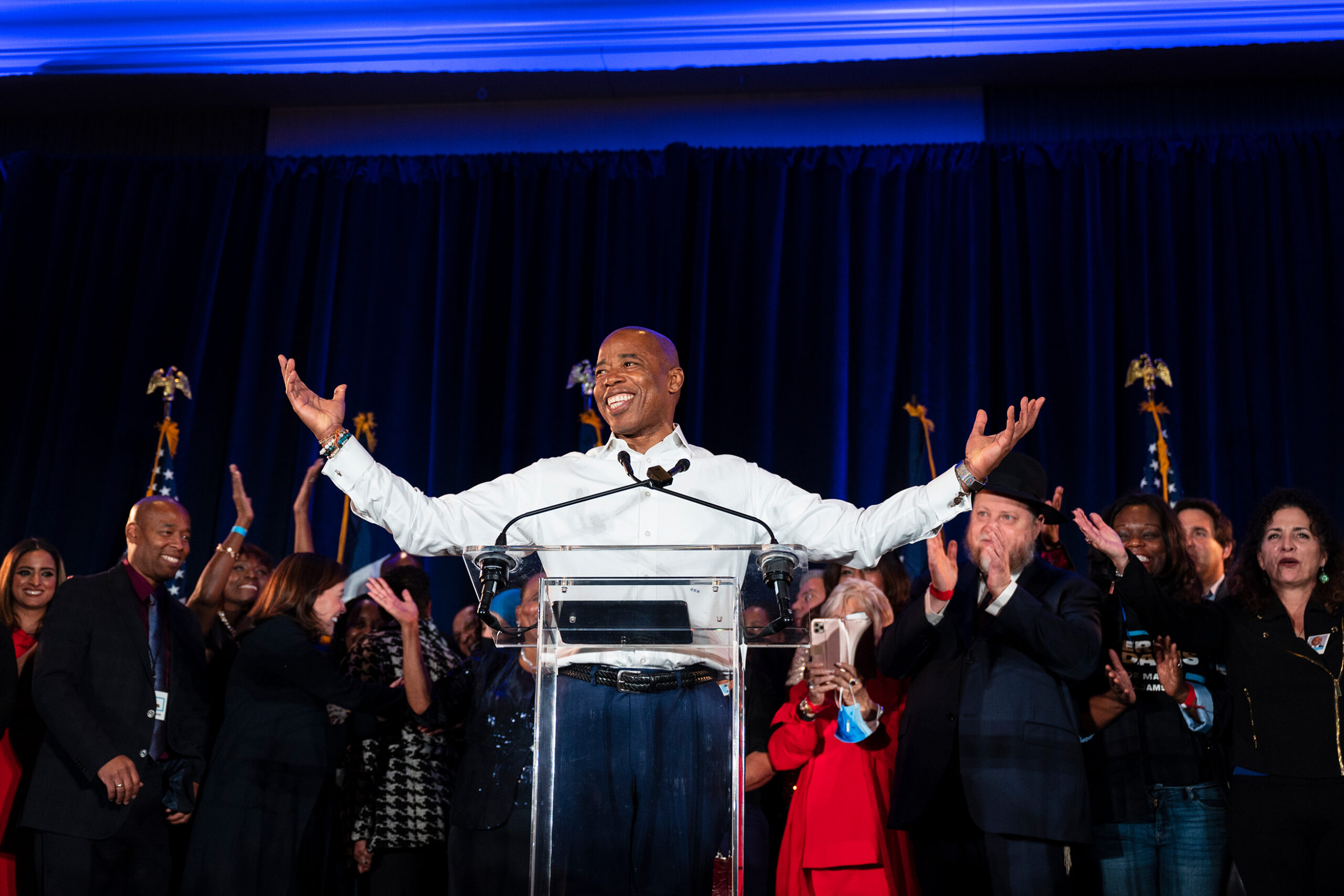 Eric Adams gives his mayoral victory speech in Downtown Brooklyn on Nov. 2, 2021.